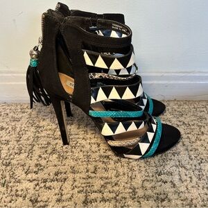 Steve Madden Blue & Black Suede Multi Tassel Strappy Peep Toe Stilettos Size 7.5